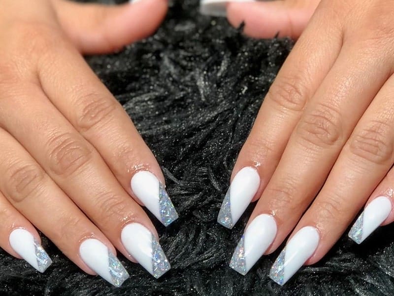 white and silver long nails