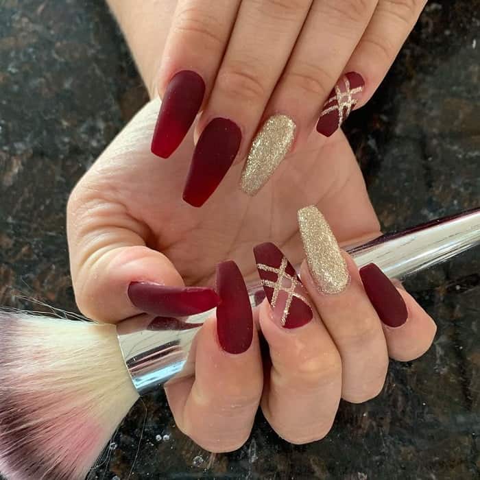 Maroon And Gold Coffin Nails