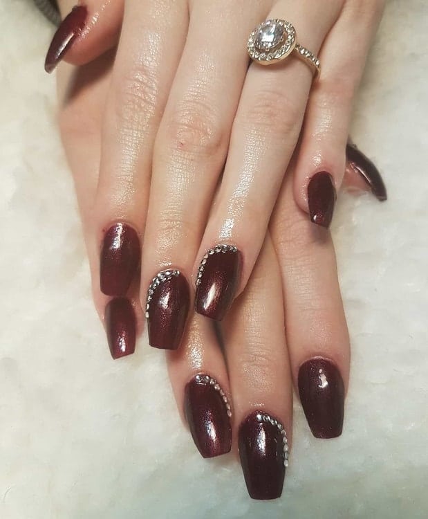 Maroon Coffin Nails with Diamonds