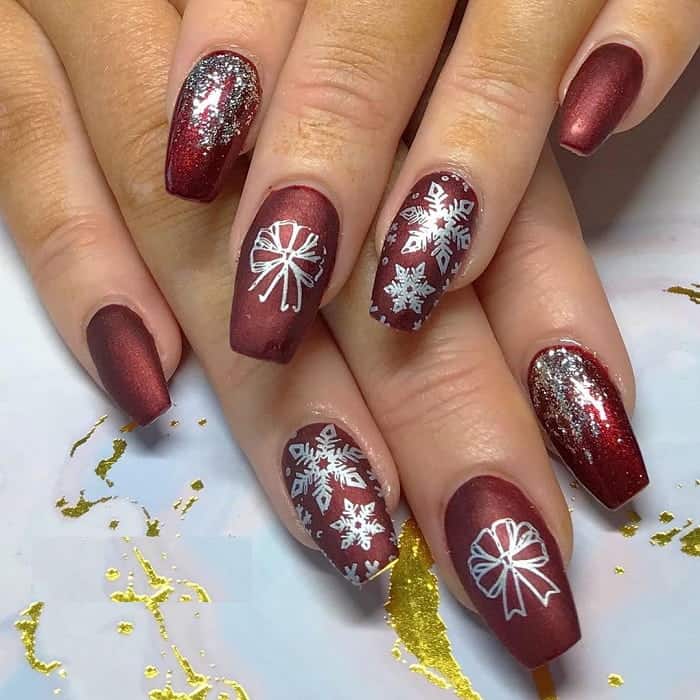 Maroon Coffin Nails with Glitter