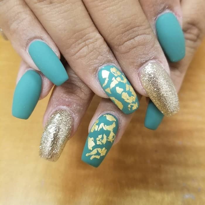 Matte Green And Gold Nails