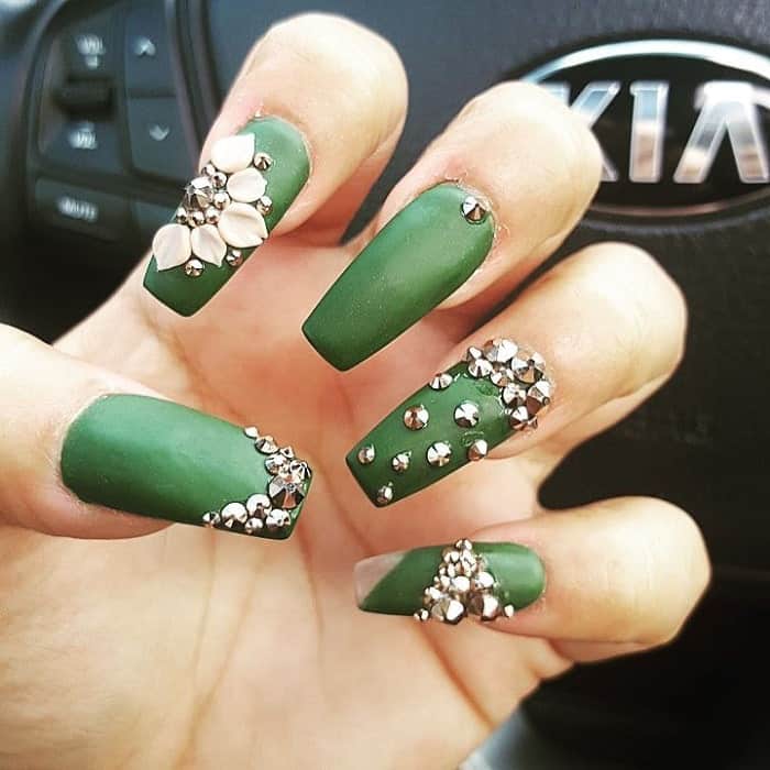 coffin shaped matte green nails
