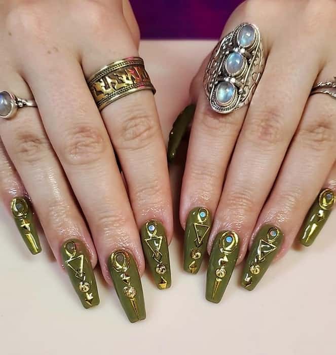 Olive Green And Gold Nail Design