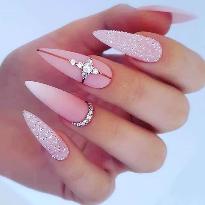 pink acrylic nails with diamonds