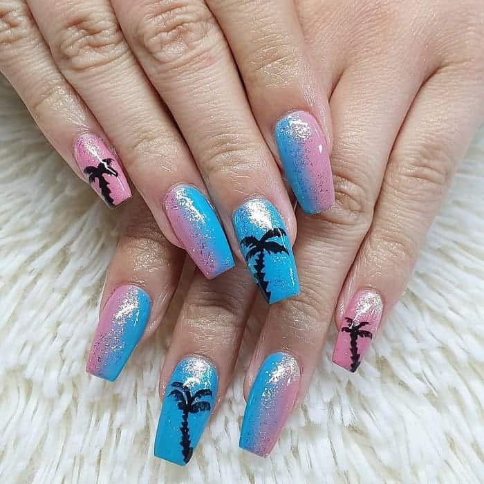 Pink And Blue Nails with Glitter
