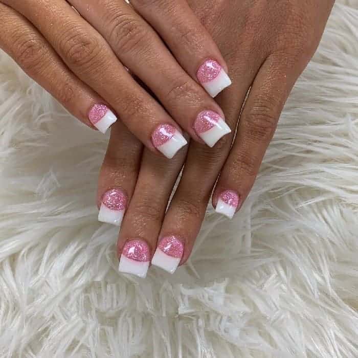 Pink and White Nails with Glitter
