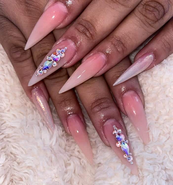 Pink Ombre Nails with Rhinestones