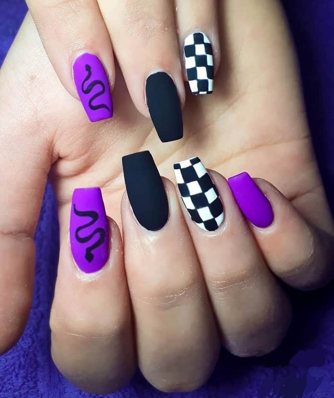 purple black and white nails