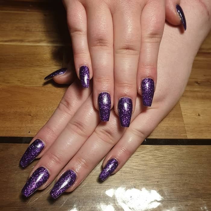 coffin shaped purple glitter nails