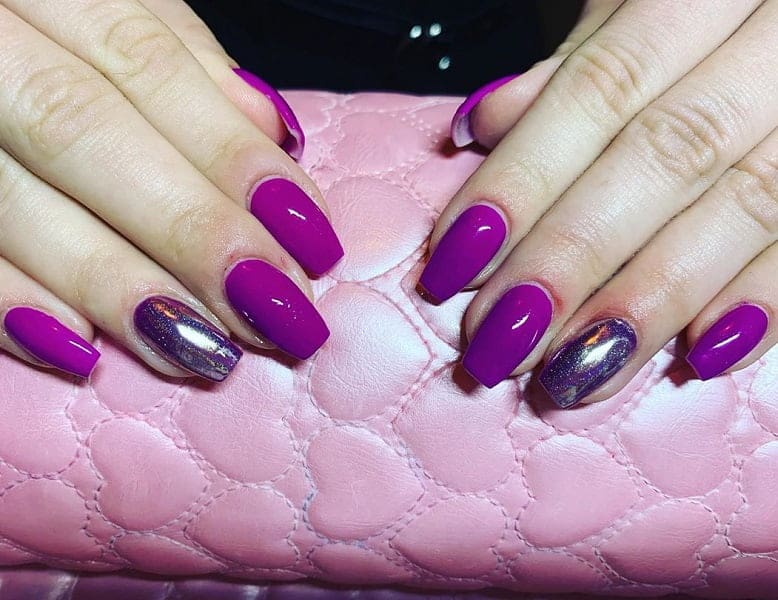 short coffin shaped purple nails