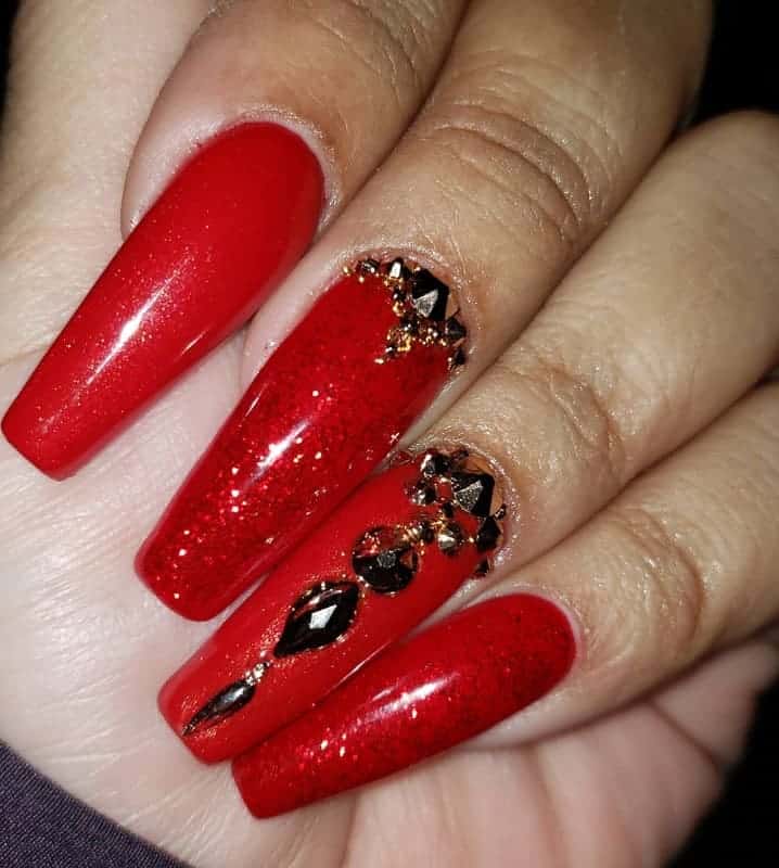 Red Acrylic Nails with Gems Stone