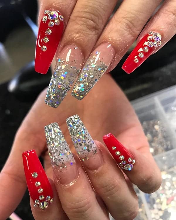 Red And Silver Nails with Rhinestones