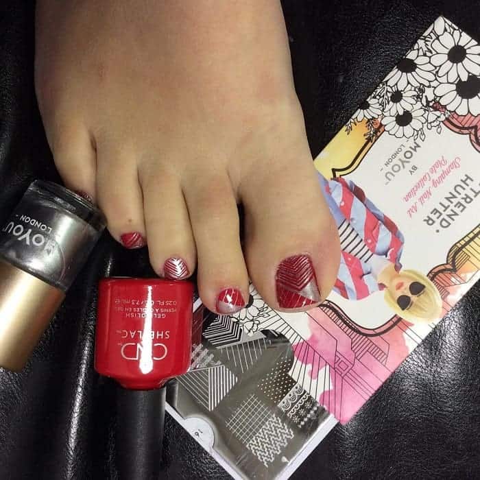 Red And Silver Toe Nail Design