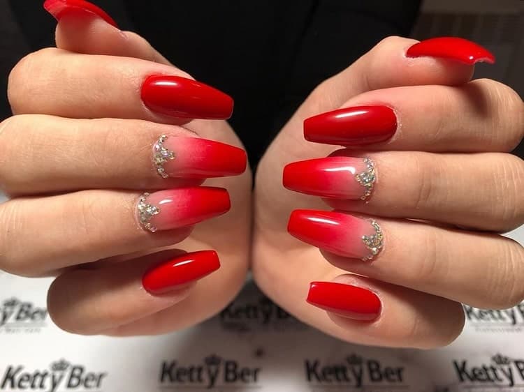 Red Ombre Nails with Diamonds