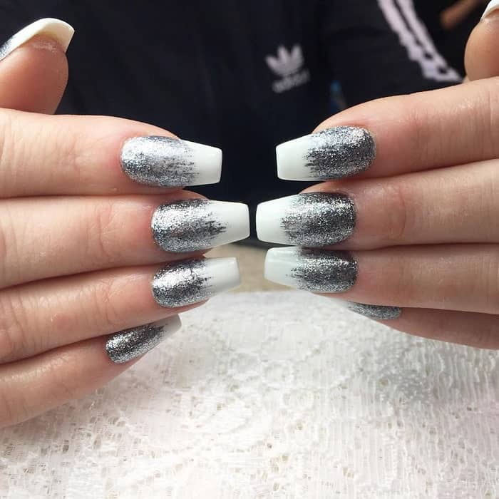 Coffin Shaped Silver Glitter Nails