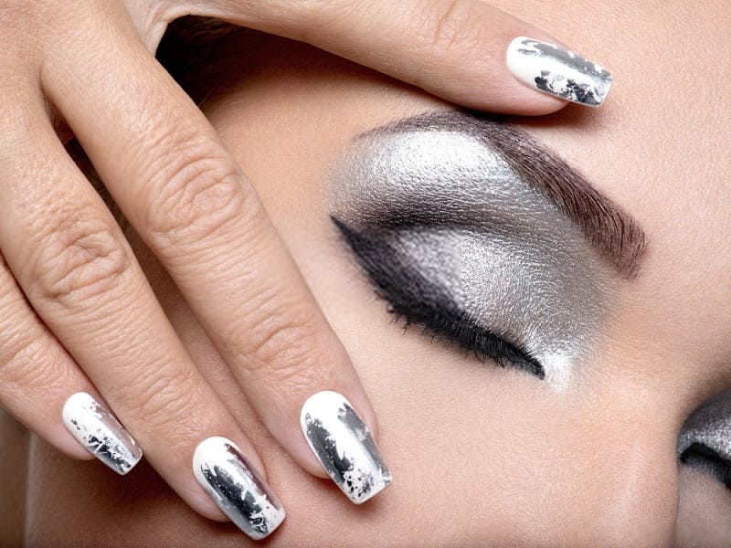 white and silver chrome nails