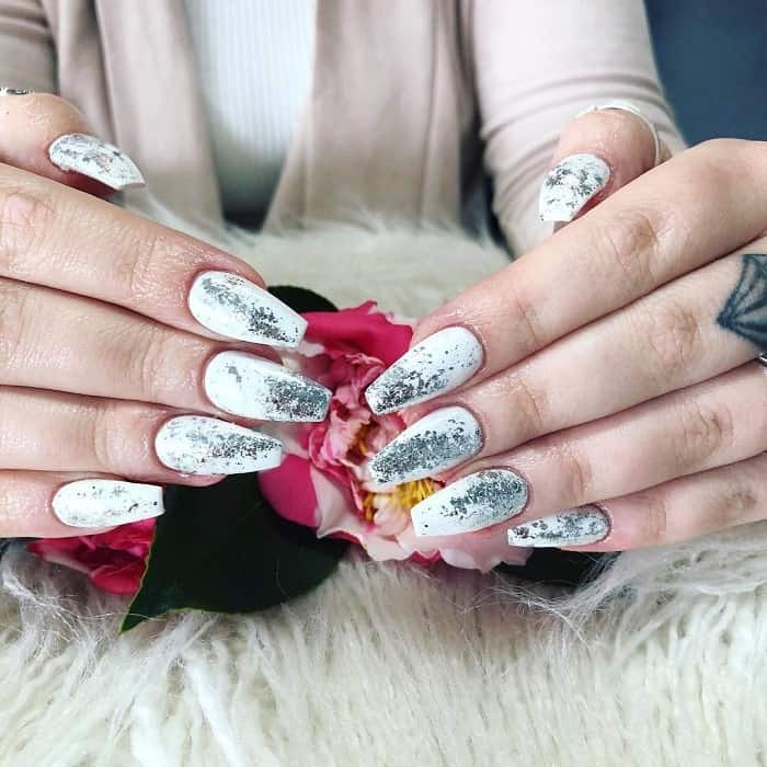white and silver color coffin nails