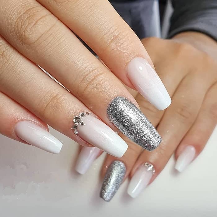 white and silver nails with diamonds