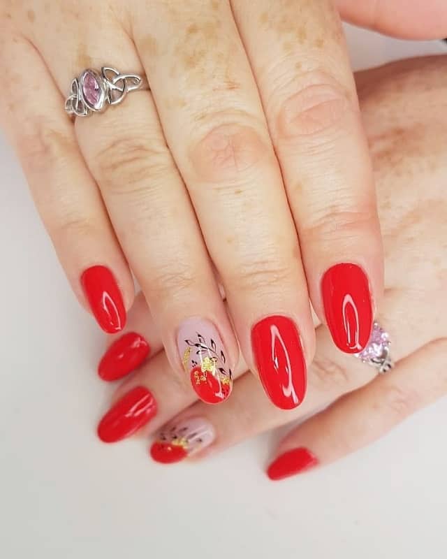 round acrylic red nails