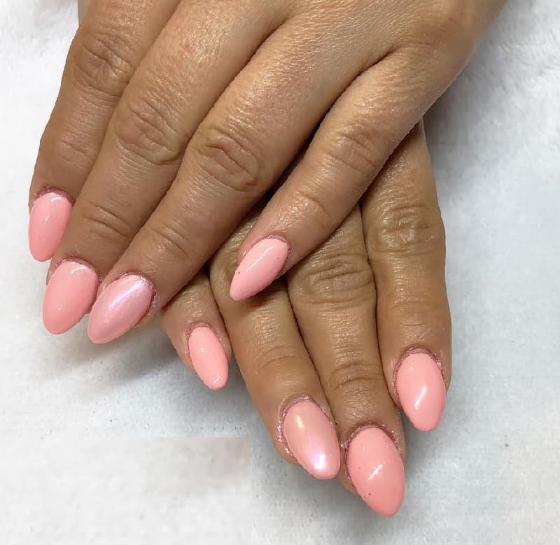 short millenial pink acrylic almond nails