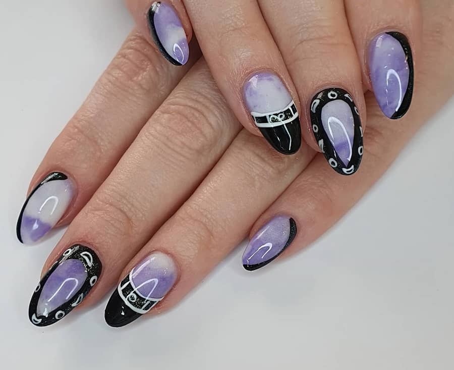 black and purple almond nails