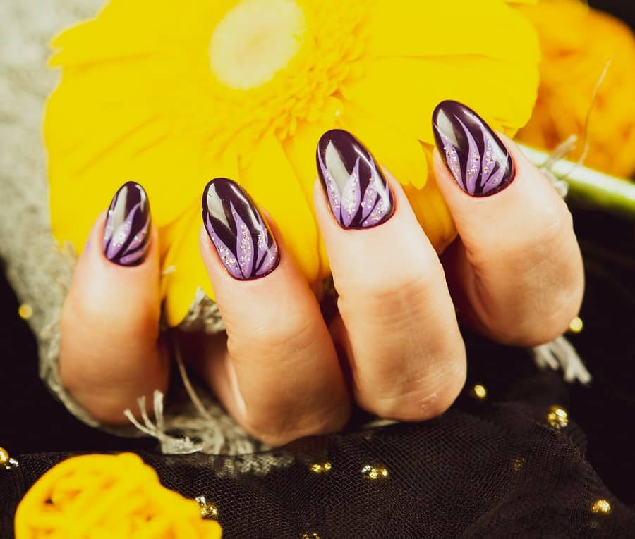 black and purple oval nails