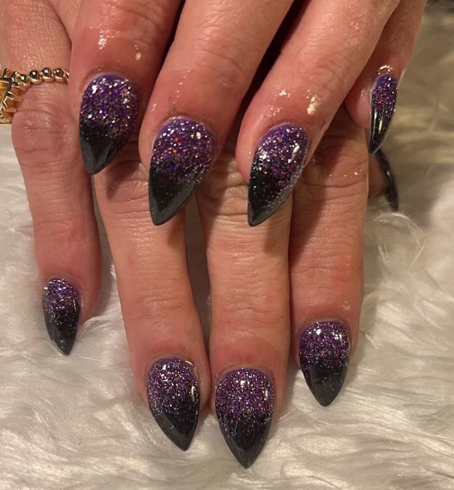 black and purple sparkle nails