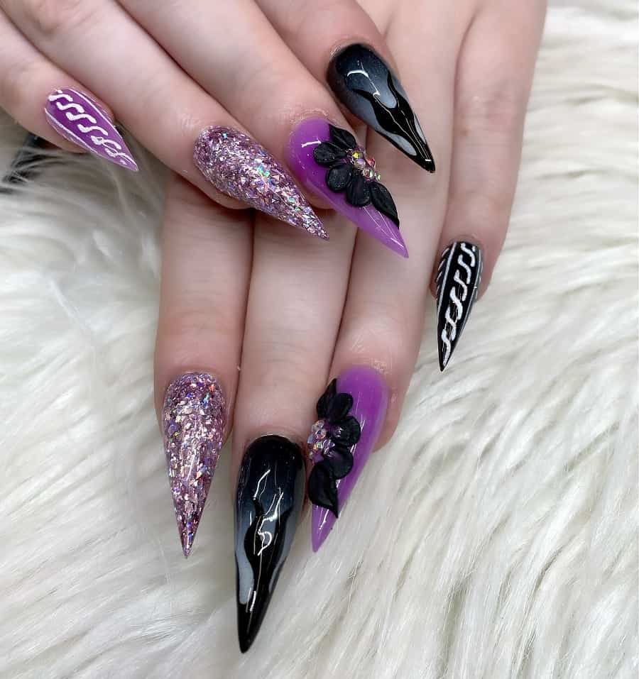 black and purple stiletto nails