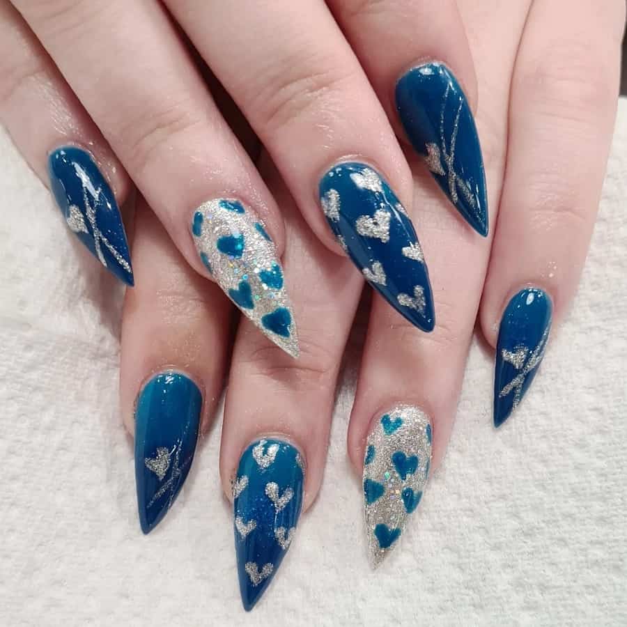 blue and silver stiletto nails