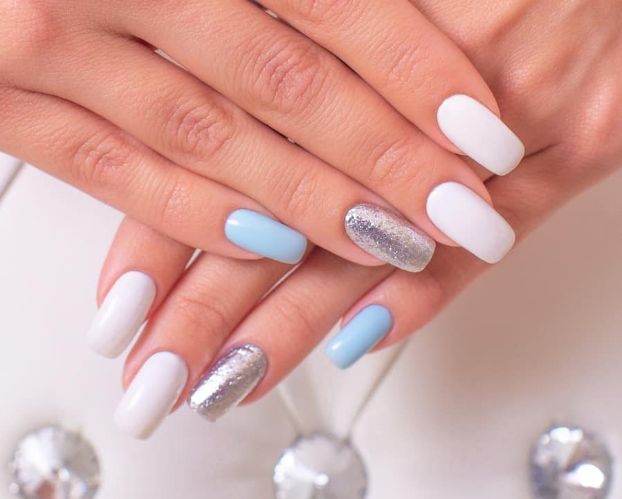 blue, white and silver nails