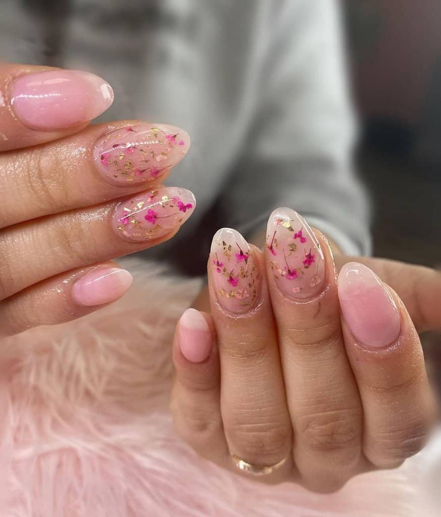 clear pink nails with flowers