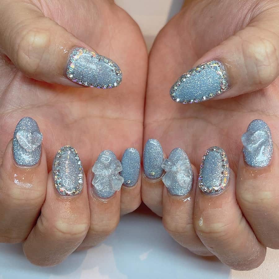 light blue nails with rhinestones