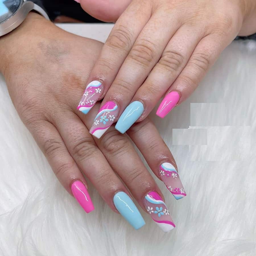 pink and blue flower nails