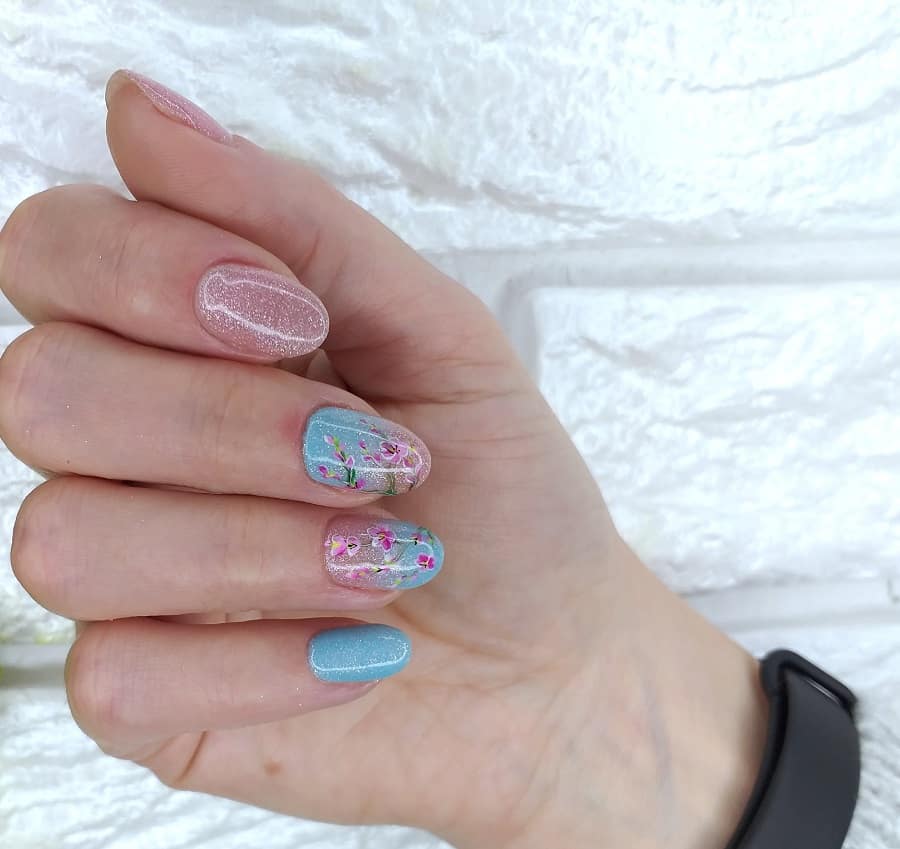 pink and blue glitter nails