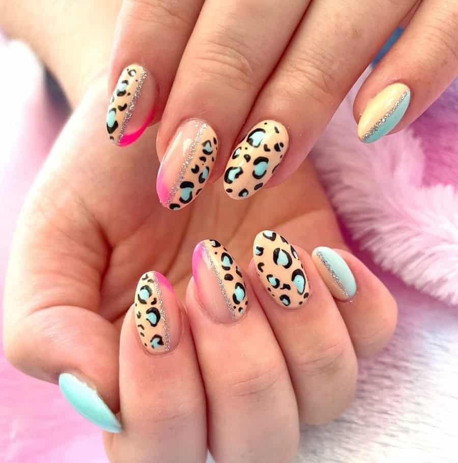 pink and blue leopard nail print