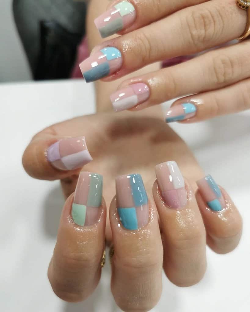 pink and blue shellac nails