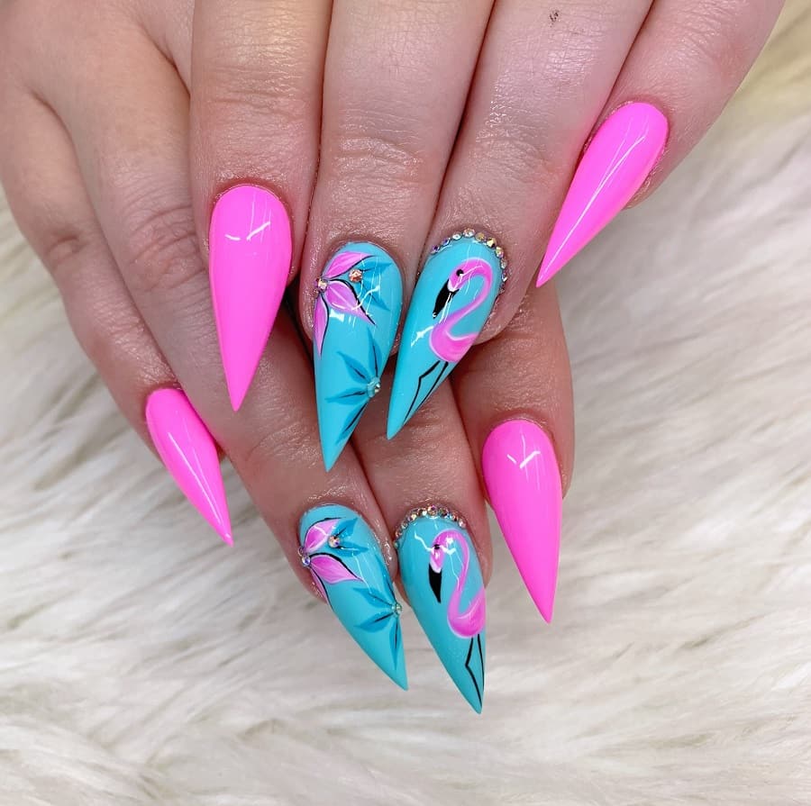 pink and blue stiletto nails