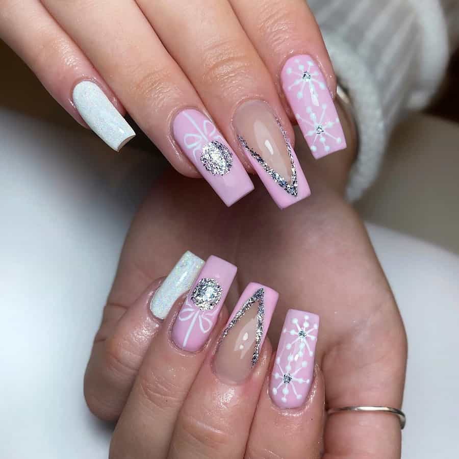 pink and white christmas nails