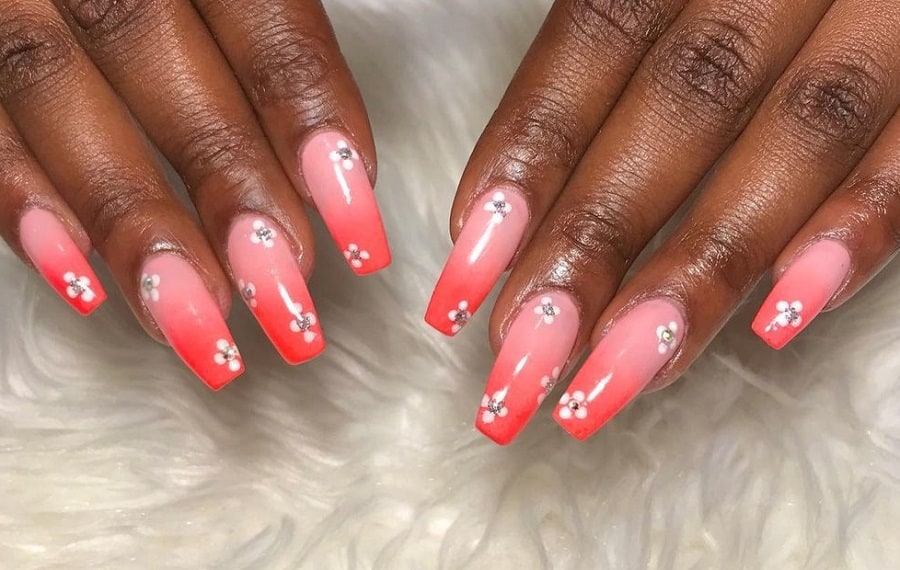 pink ombre nails with flowers