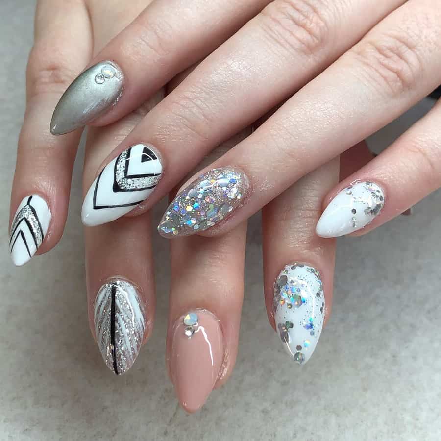 pink white and silver nails