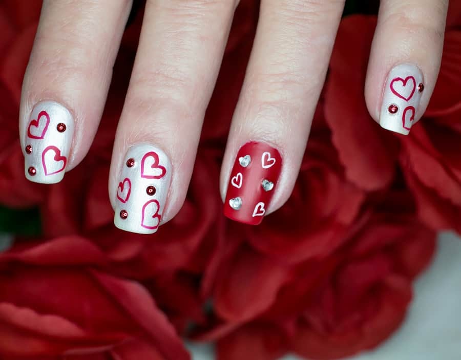 red and silver valentine nails