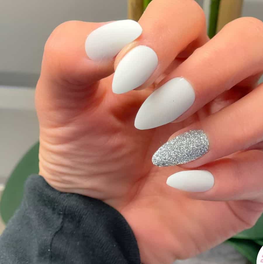 white and silver almond nails