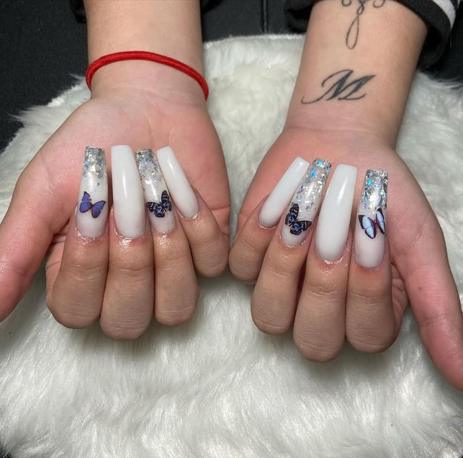 white and silver butterfly nails
