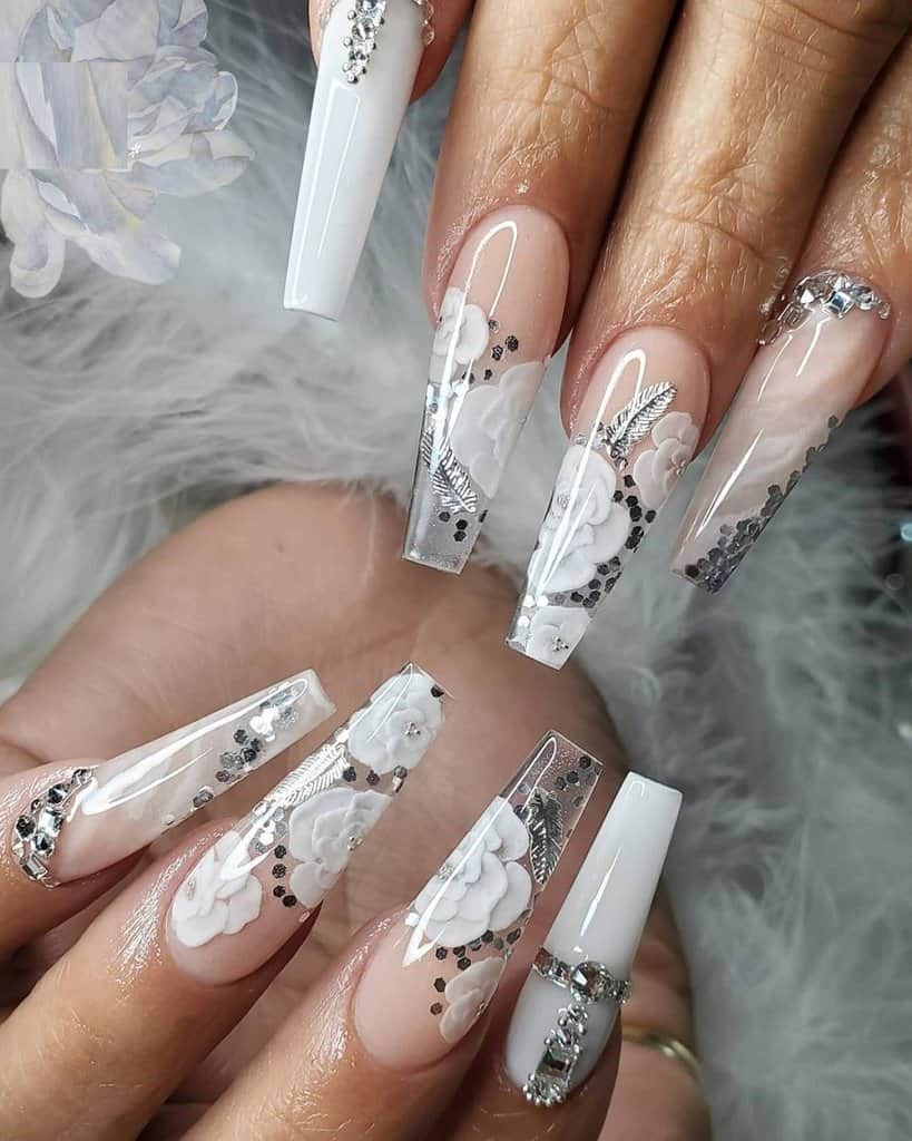 white and silver flower nails