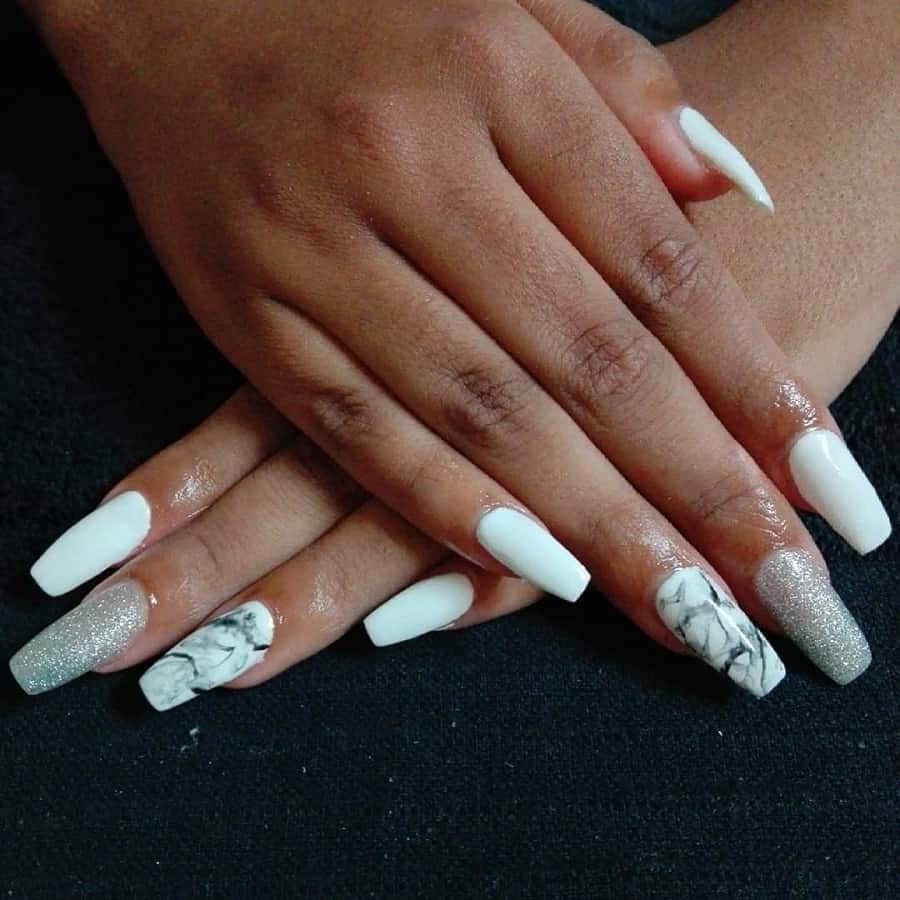 white and silver marble nails