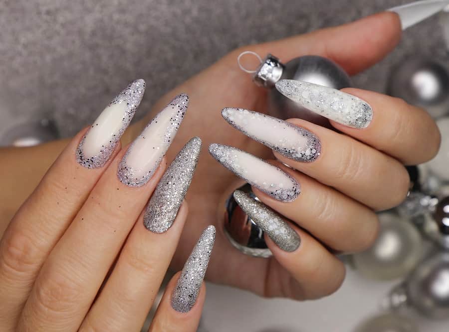 white and silver stiletto nails