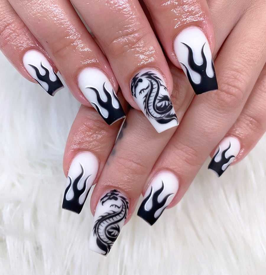 black and white flame nails