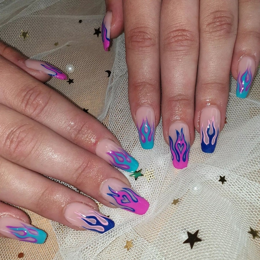 blue and pink flame nails
