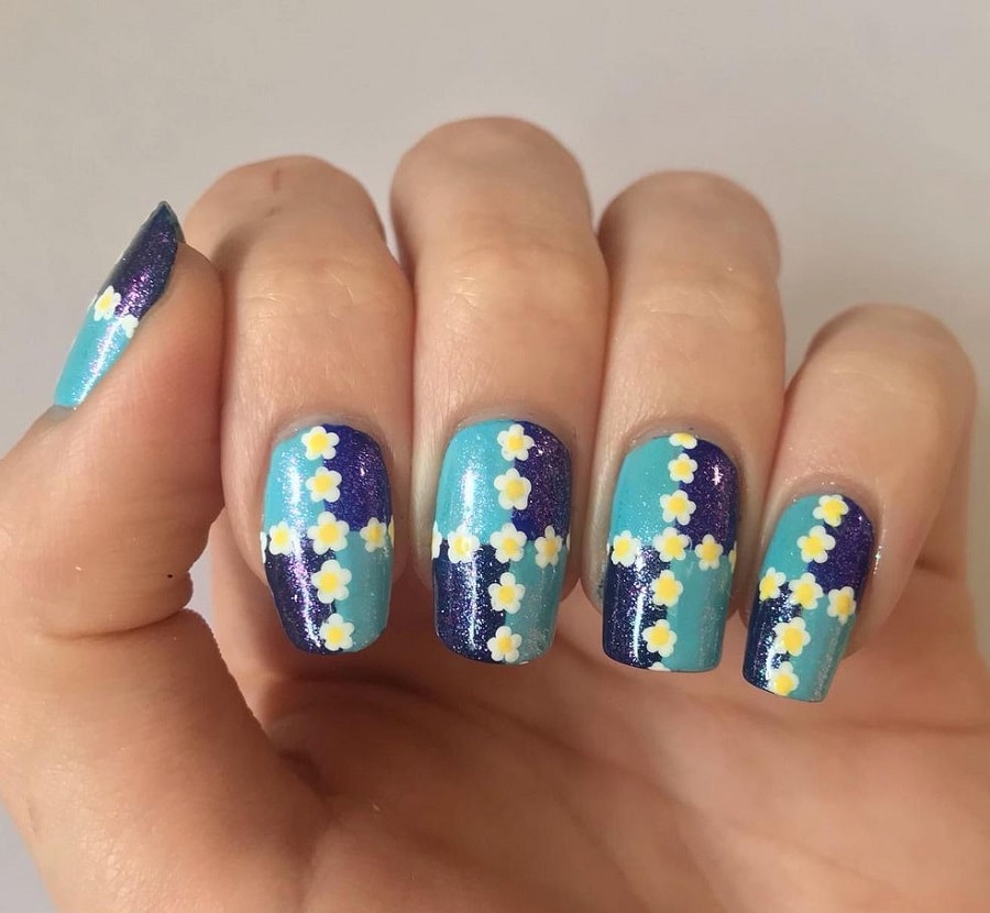 color block nails with flowers