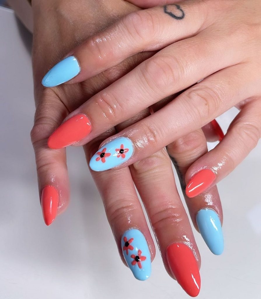 coral and blue nail design